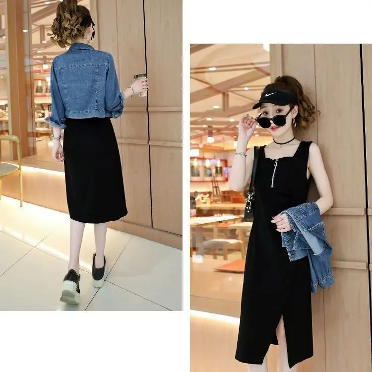 Jean Jacket Dress Women's Spring and Summer 2023 New Fashion Early Autumn Mid Length Skirt Two-piece Fashion
