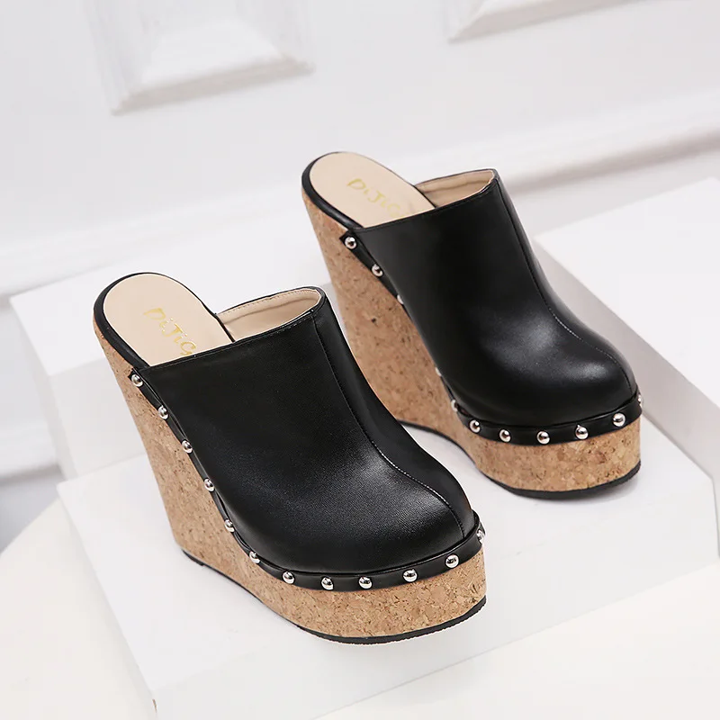 

High-Heeled Shoes Lady Ladies' Slippers Slipers Women On A Wedge Rivet 2022 Rome PU Fabric Slides Rubber Basic Shoes Woman 2022