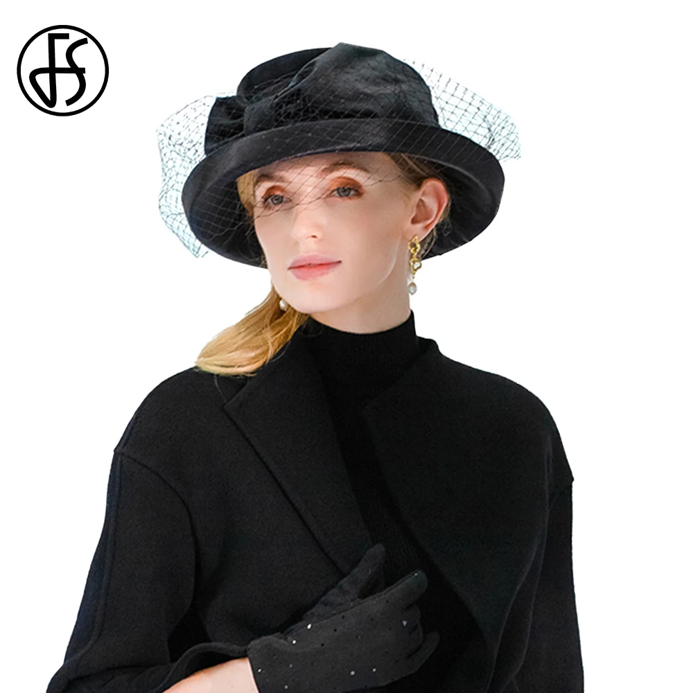 

FS Black Curl Brim Basin Hats Women Church Cloche Derby Fedoras Flat Top Cap With Veil Bow Ribbon Leisure Fisherman Millinery