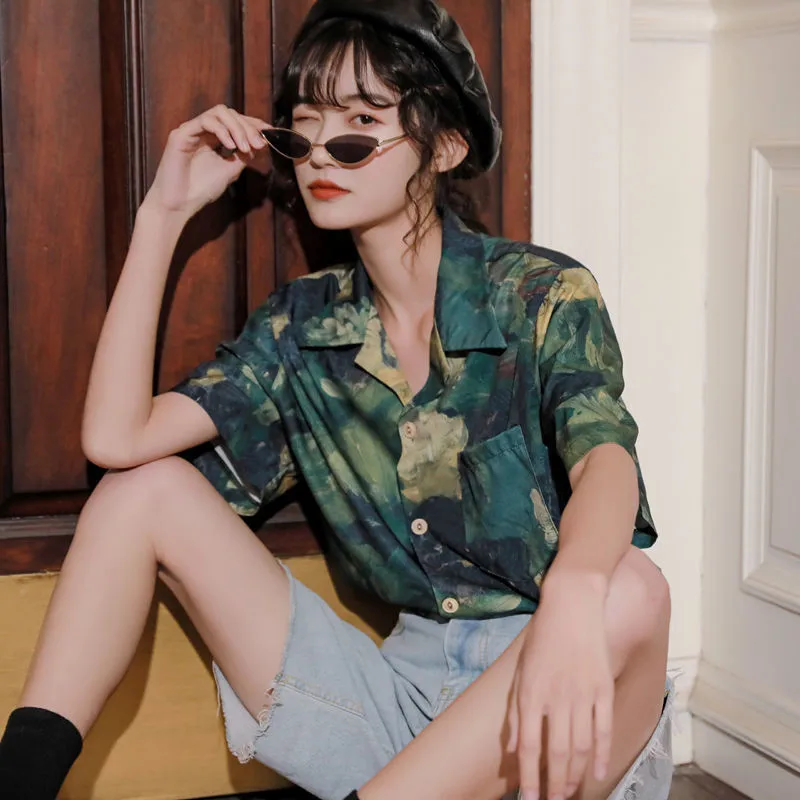 

2023 New Summer Women Tops Shirt Short-Sleeved Women's Loose Fashion Japanese Retro Oil Painting All-Match Shirt Female Blouse