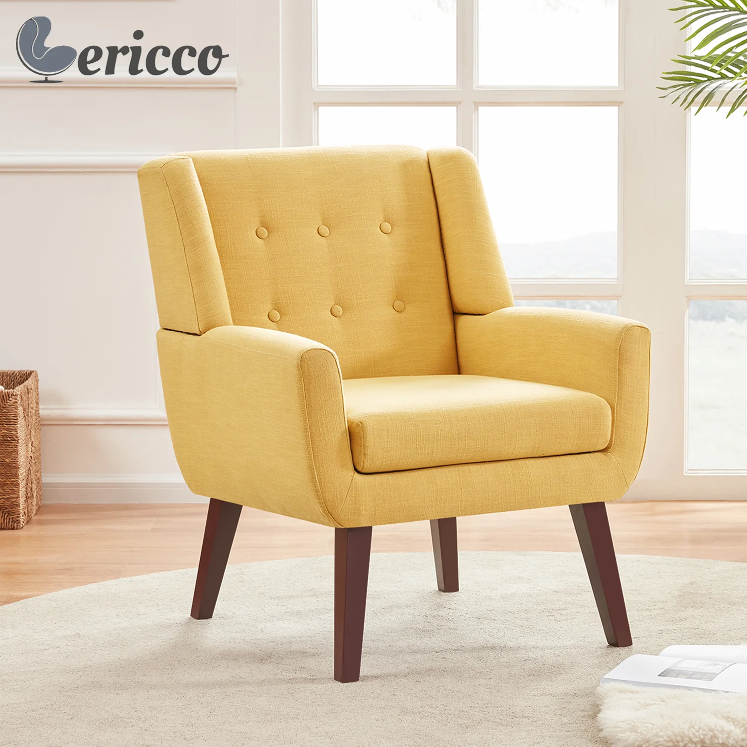 

GERICCO Living Room Chair Linen Fabric Accent Chair Single Sofa Button Tufted Upholstered Leisure Arm Chairs Yellow Fashionable