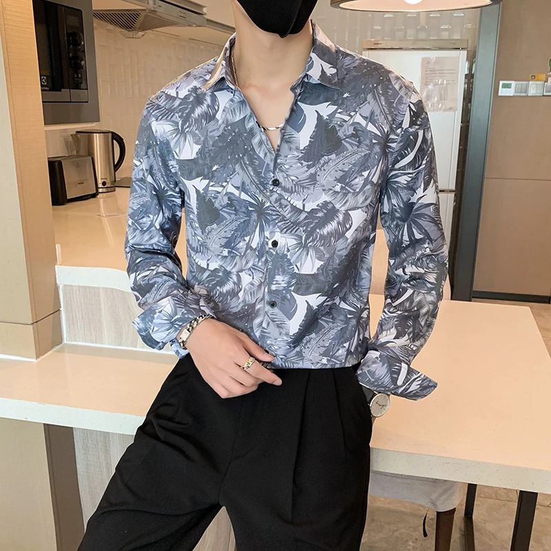 Vintage Flower Shirts Men Autumn Long Sleeve Loose Casual Business Dress Shirt Social Party Tuxedo Streetwear Camisa Masculina