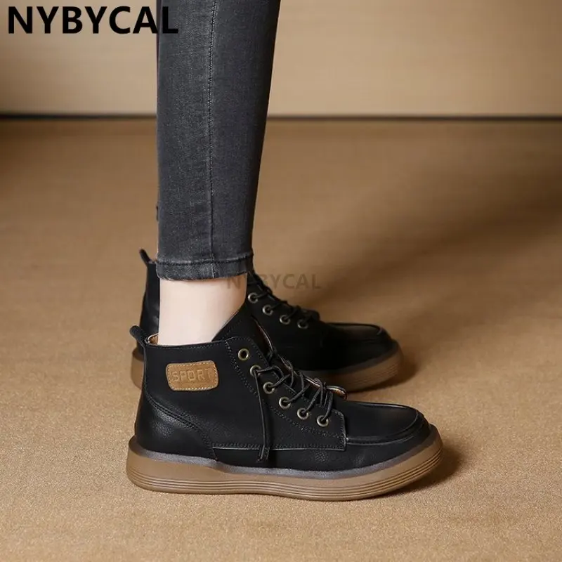 High Top Luxury Designer Women's Sneakers Genuine Cow Leather High Top Ladies Student Retro Fashion Flat Shoes New Handmade 40