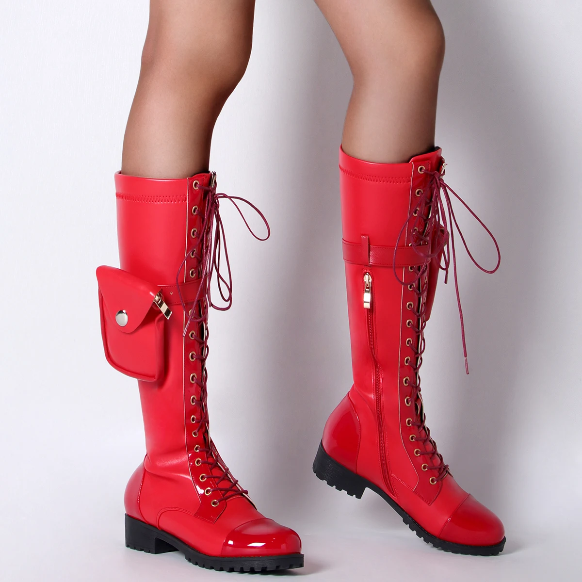 Купи Knee High Boots For Women Shoes Lace Up Zipper Low Heels Bag Women's Boots Pu Punk Fashion Red Black Ladies Shoes Botas Mujer за 1,947 рублей в магазине AliExpress
