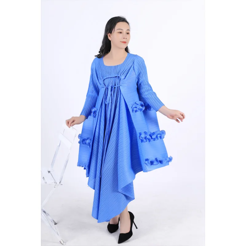Miyake Clothing Autumn New Korean Version Of Solid Color Tight Edge Lacing On Both Sides Of The Fashion Loose Pleated Long Dress