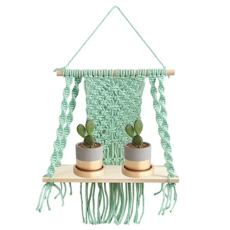 

2021 New Hand-Woven Macrame Tapestries Rack Wooden Shelves For Wall Bohemian Decorative Shelves Wall Hanging Shelves Ornament