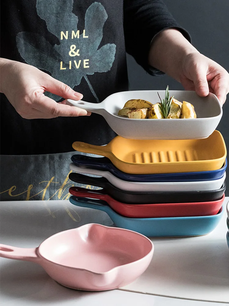 

Nordic Ceramic Baking Tray Breakfast Bread Storage Tray Dessert Plate Anti-Hot with Handle Baking Tray Kitchen Dessert Plate