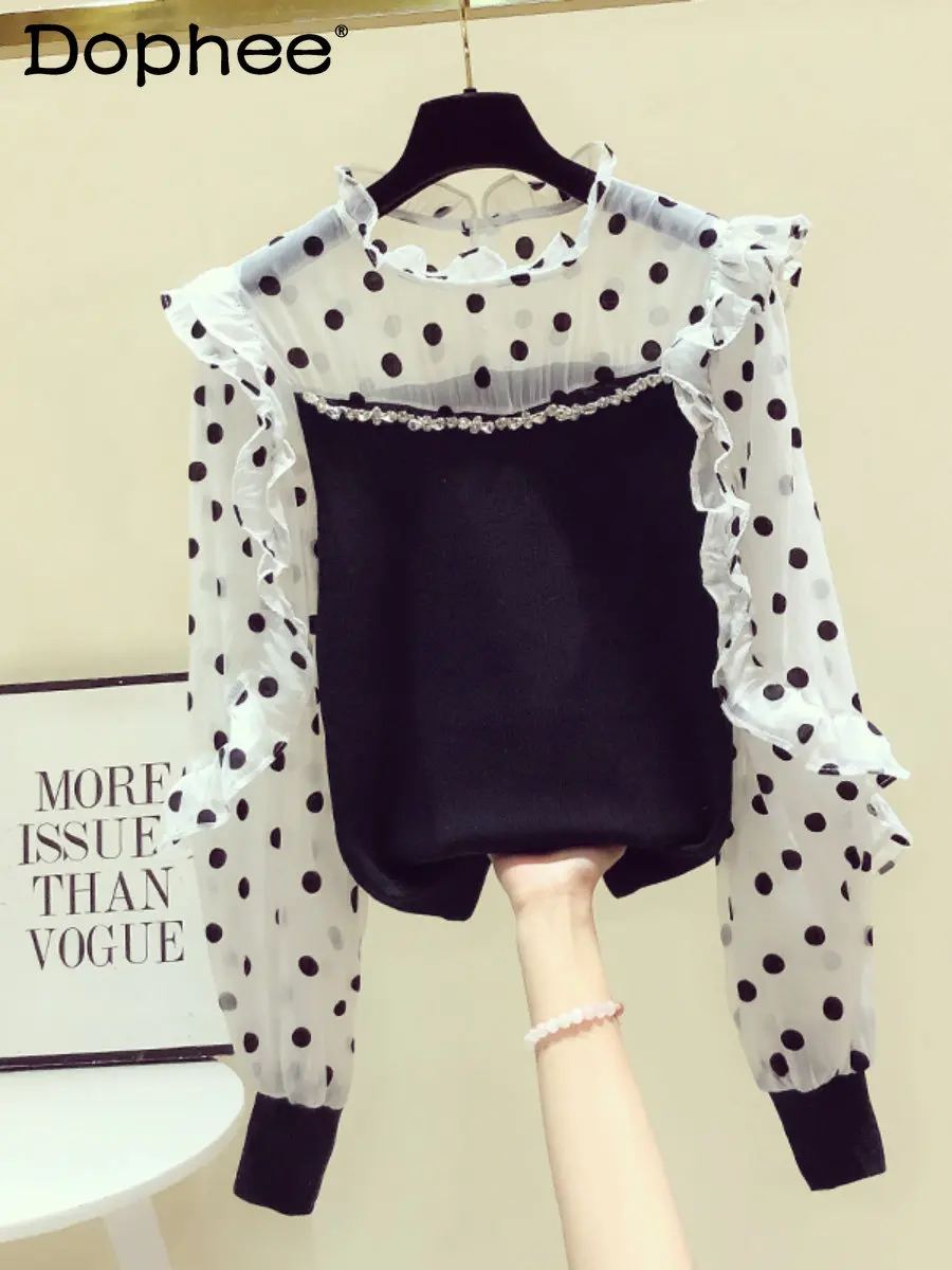

Elegant ruffles Stand Collar Polka Dot Shirt Women Elegant Color Matching Bubble Long Sleeve Shirt 2023 New Spring Diamond Shirt