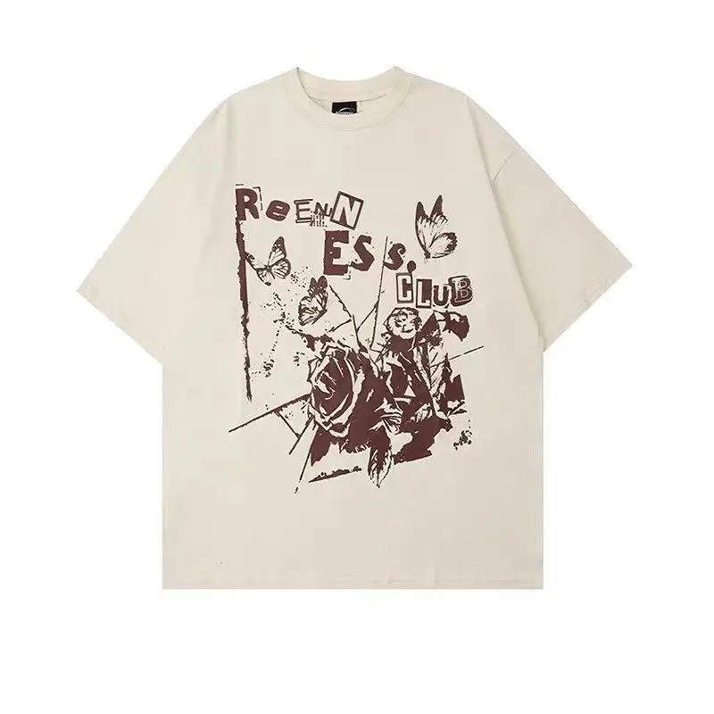 

Cotton T Shirt for Men Hip Hop Butterfly Vintage Graphic tshirt Short Sleeve Tees Casual Summer Tops Women Harajuku Clothe Khaki