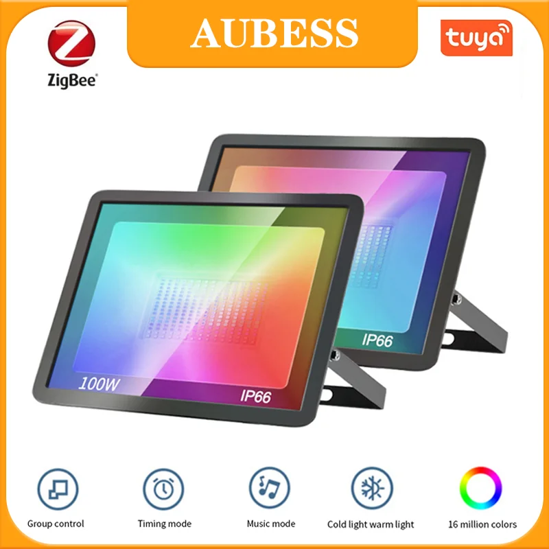 

Aubess Zigbee Spotlight IP66 Smart Floodlights 30W 50W 100W Led Garden Stage Smart RGB Warm Cool Light Work Alexa Google TUYA