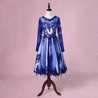 vintage on sale royal blue mother dresses tea length wedding party gowns long sleeves mother of the groom dresses lace o neck