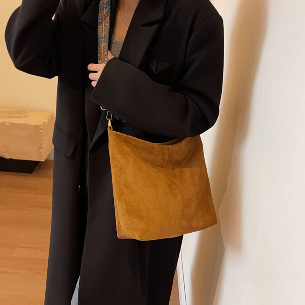 

Women Shoulder Handbags Solid Color Suede Crossbody Tote Bag Large Capacity Vintage Satchel Bag Wide Print Strap Simple Tote Bag