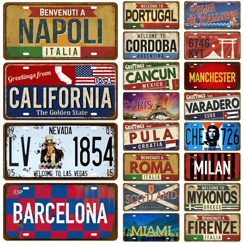 Металлическая табличка стиль US винтажная Париж Калифорния Мадрид Оловянная