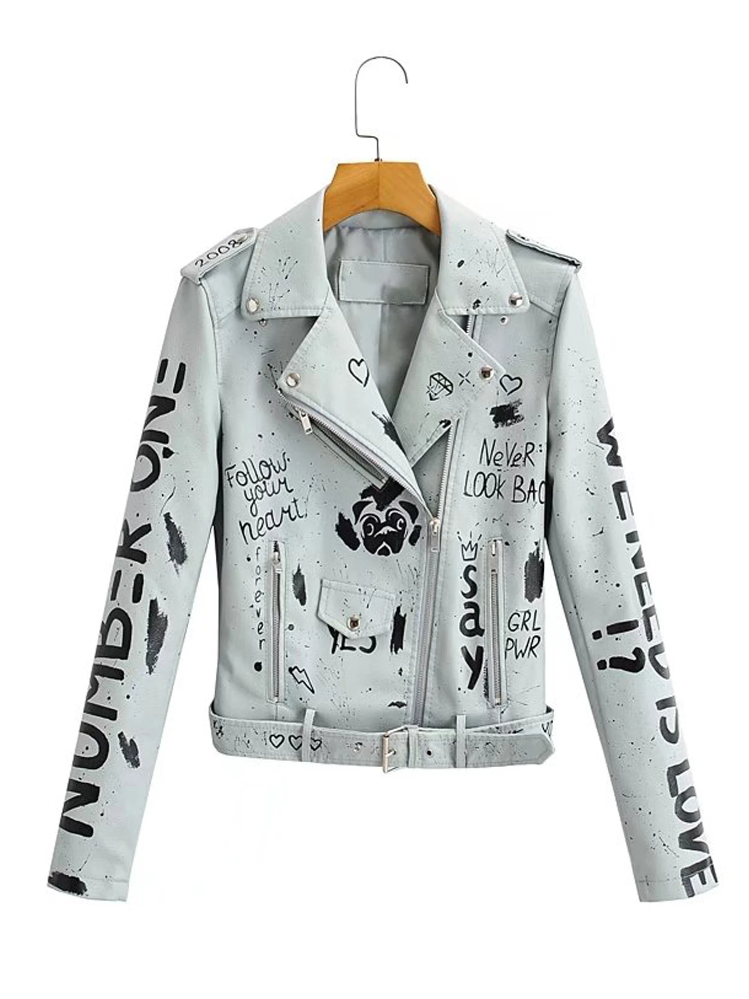 

Women Autumn Winter Faux Soft Leather Jackets Coats Lady Graffiti Black PU Rivet Zipper Epaulet 3D Print Motorcycle Streetwear