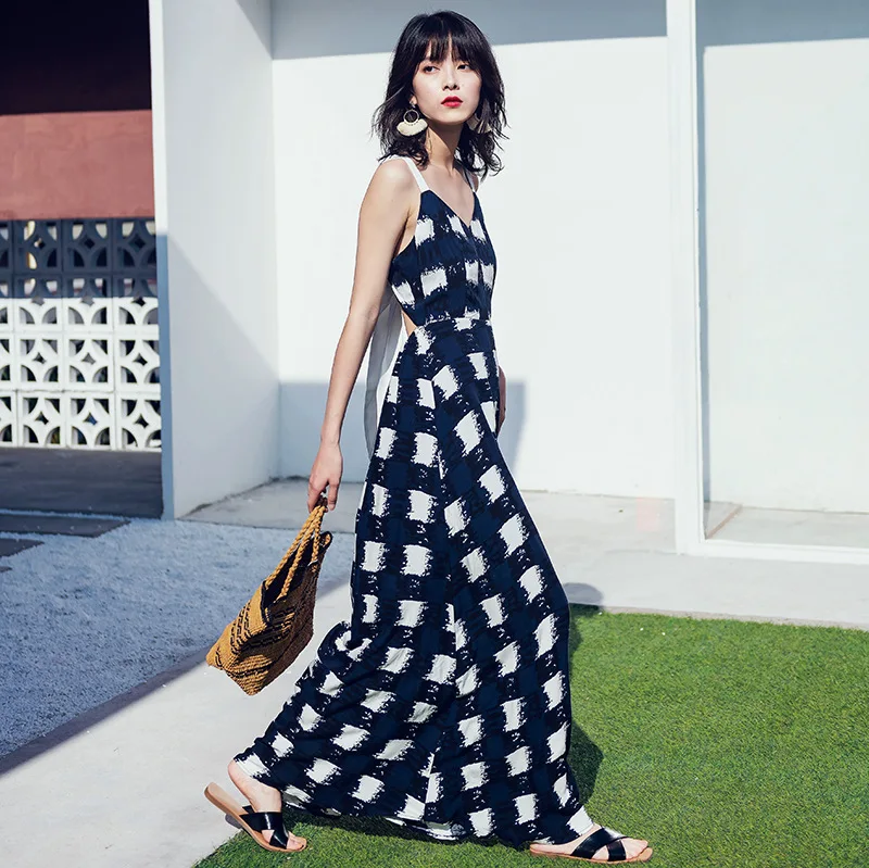 

Plaid Fairy Backless Strap Dress Summer Slim Body Beach Blue Dress Elegant Vestido Women 2021 New Seaside Vacation Long Dress