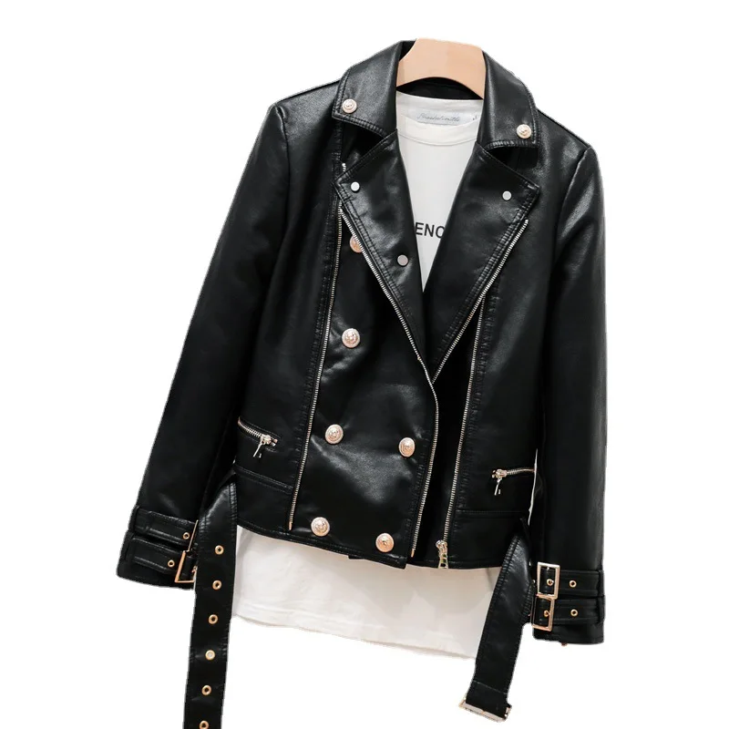 Lapel belt double-breasted Zipper leather slim-fit coat short motorcycle leather jacket