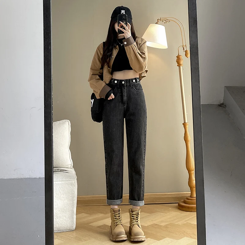 

2023 Casual Women Oversized Harajuku Straight Jeans Harem Haren Loose Wide leg Denim Pants Lined Stretch Jeans Baggy Trousers