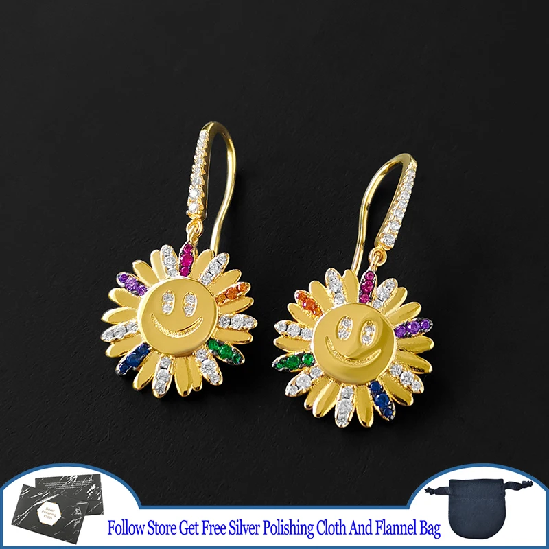 

Rainbow Daisy Earrings Female Sunflower Eardrop Earhook Smiley Face S925 Sterling Silver Women Personality Simple Style Jewelry