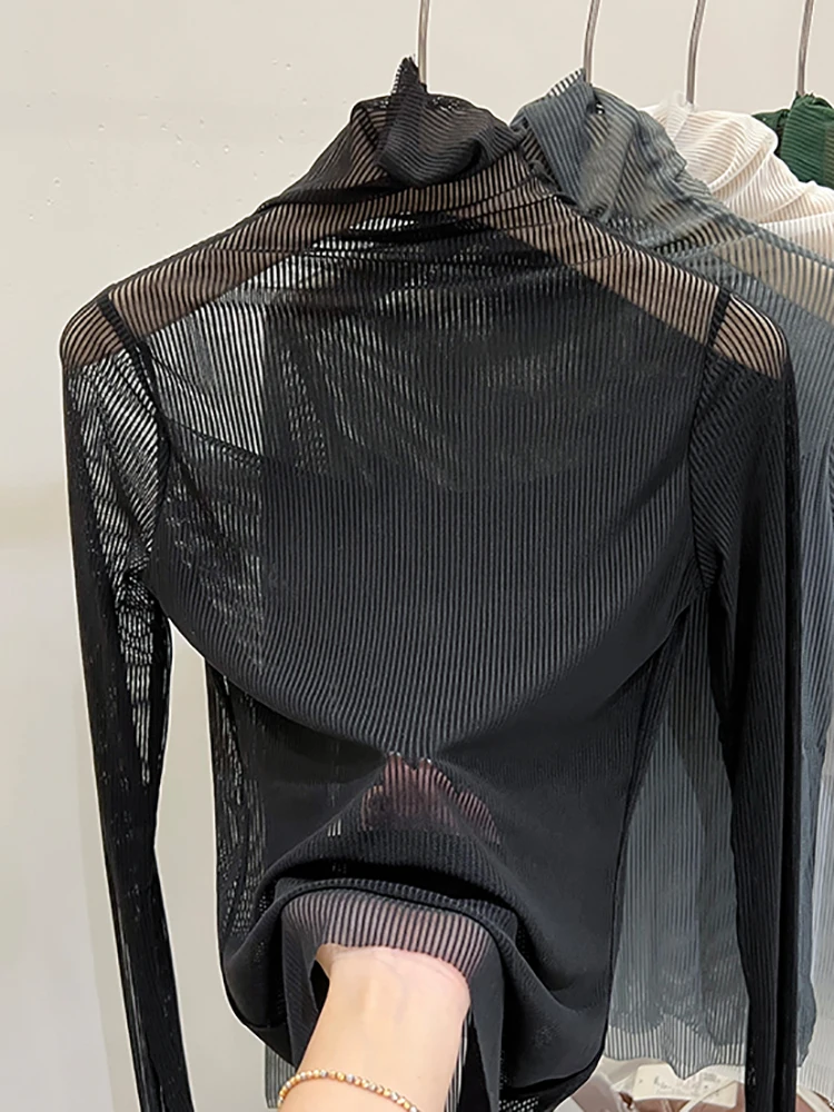 

White Black T-shirts Women Sexy Mesh Turtleneck Long Sleeve Tops Korean Fashion Basic Tee Shirt Femme Casual Women's Clothing