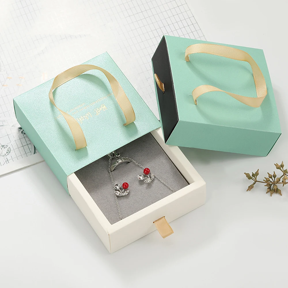 24pcs Light Green Paper Jewelry Handle Drawer Box with Grey Sponge Ring Earring Container Handmade Packaging DIY Cardboard Case