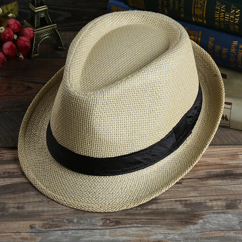 

Соломенная шляпа для мужчин и женщин, модная пляжная Панама от солнца, однотонная, с лентой, в повседневном стиле, ковбойская джазовая Кепка, гангстер, лето