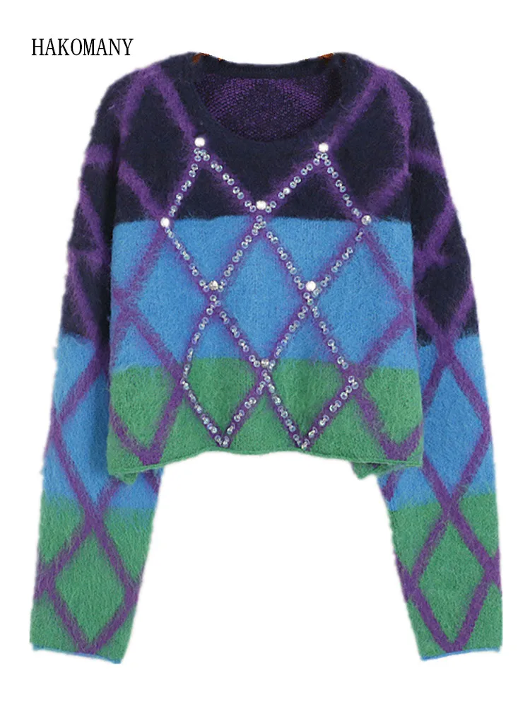 

2022 Women Full Sleeve Loose Knitwear Short Crop Jumper Blue Vintage Contrast Color Plaid Sequins Knitting Shaggy Mohair Sweater