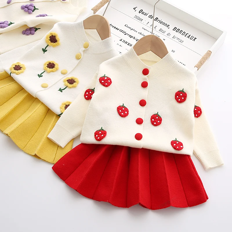 

2022Autumn Winter Kids Girl Clothes Fruit Cardigan Sweater with Skirt Two-piece Knitted Children Clothing Suit Girls Sweater Set