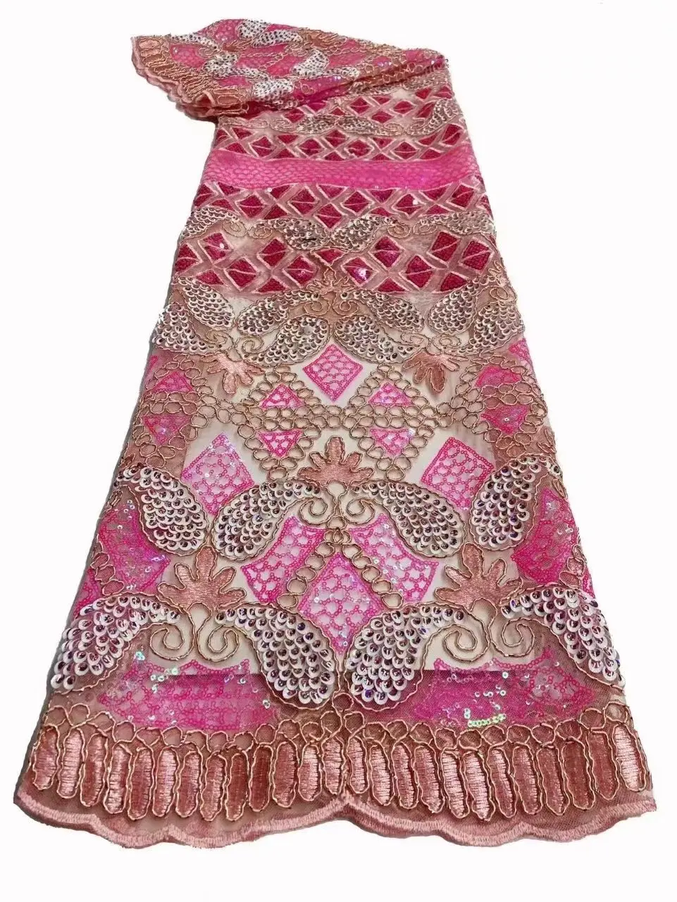 

French Nigerian Lace Peach African Beaded Lace High Quality brode suisse Embroidery Net Tulle Lace Fabric DPK1-3