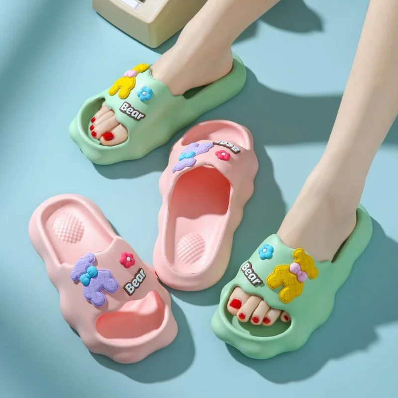 Women Cartoon Bear Flower Decor EVA Slippers Summer New Soft Comfy Light non-slip Home Bathroom Slides Beach Casual Couple Shoes