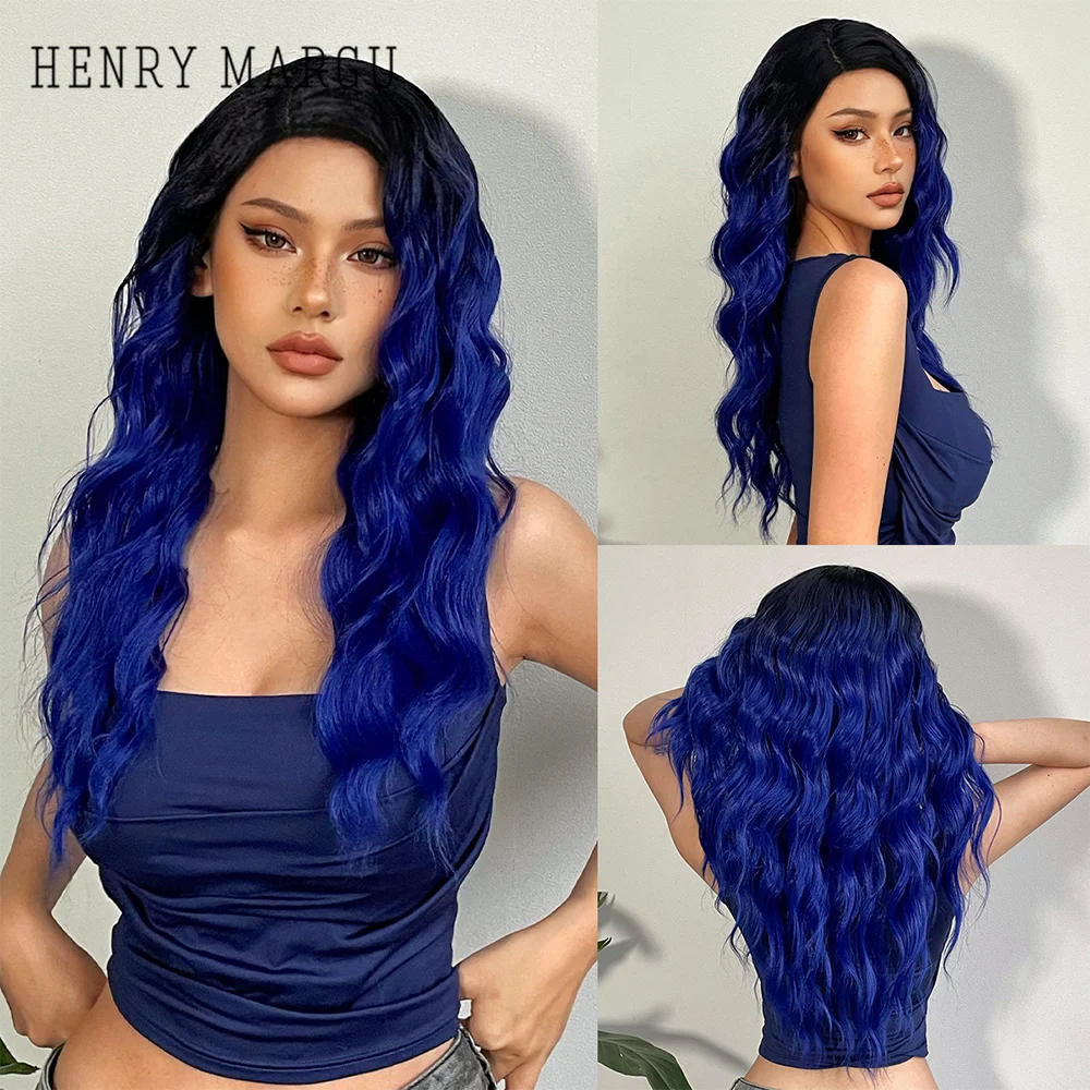 

HENRY MARGU Blue Purple Ombre Colorful Long Curly Wave Synthetic Lace Front Wigs for Black Women Natural Cosplay Party Lace Hair