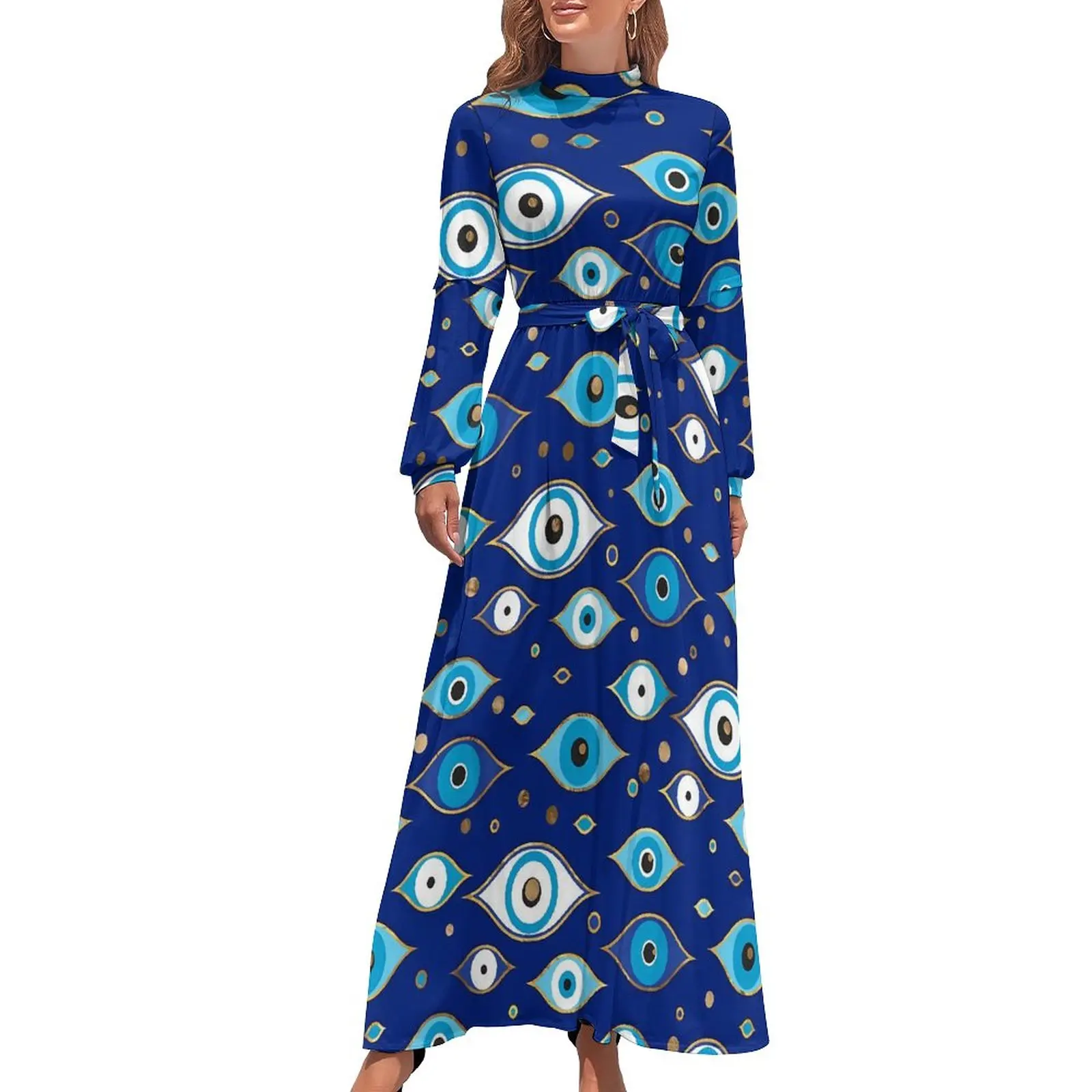 

Matiasma Evil Eye Dress Greek Mati Mataki Modern Printed Maxi Dress High Waist Long Sleeve Aesthetic Boho Beach Long Dresses