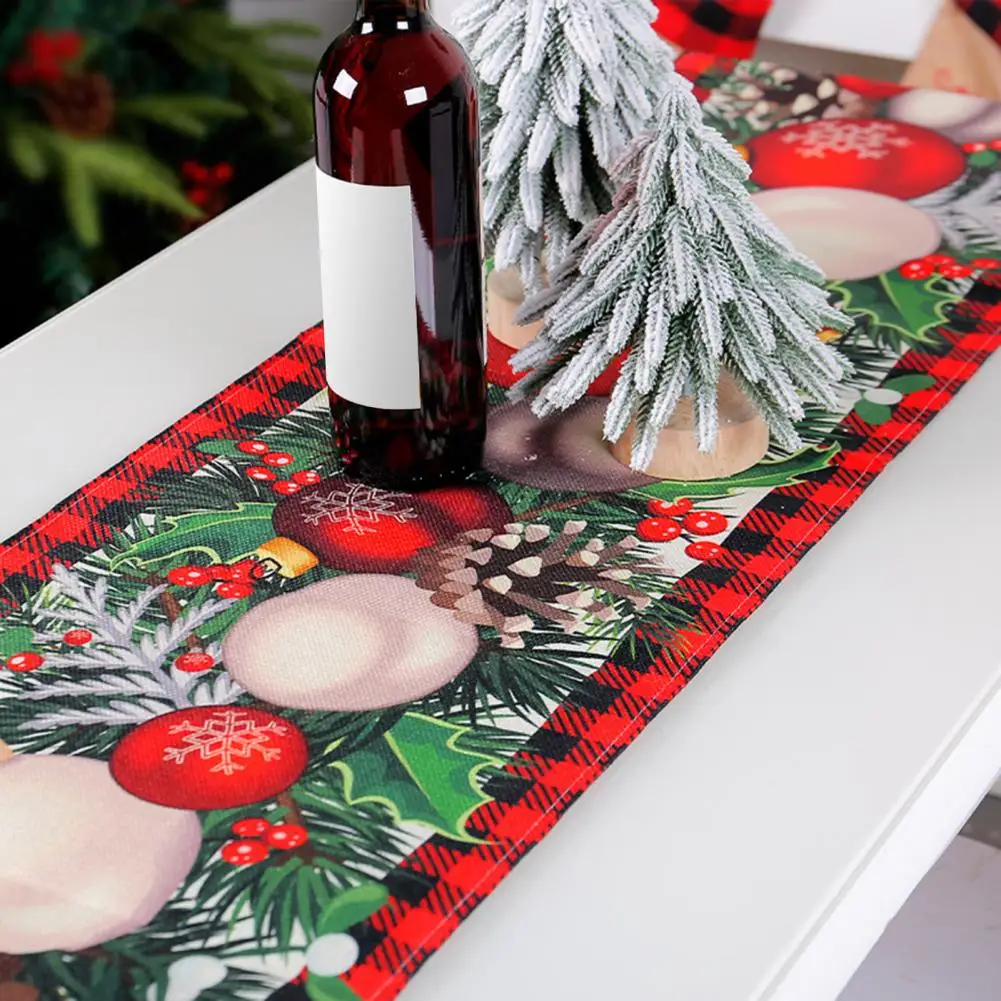 

Durable Table Runner Festive Christmas Table Runner Green Elf Hands Tree Ball Print Seasonal Rectangle Faux Flax Xmas Theme