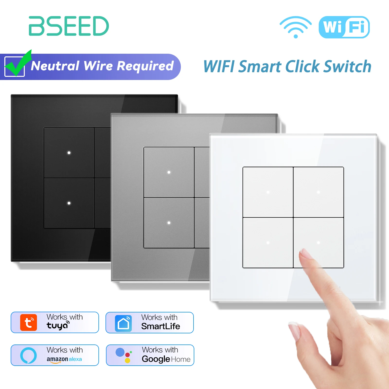 Фото BSEED 1/2/3/4Gang 2-позиционный Wi-Fi выключатель света Smart Click Кнопочный переключатель Стеклянная панель Светодиодный индикатор Поддержка Tuya Smart Life Google Home №1