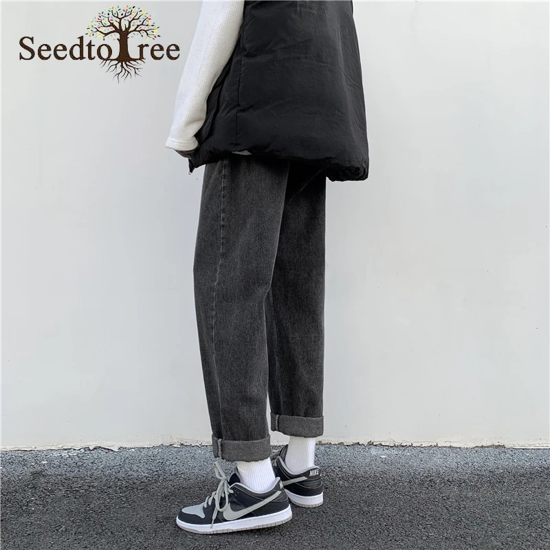 Men's Casual Jeans Elastic Waist Denim Trousers Loose Ankle Length Pants