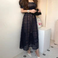 chic square collar lace midi dresses women fashion hollow out puff sleeve long dress 2022 summer high waist party dress robe