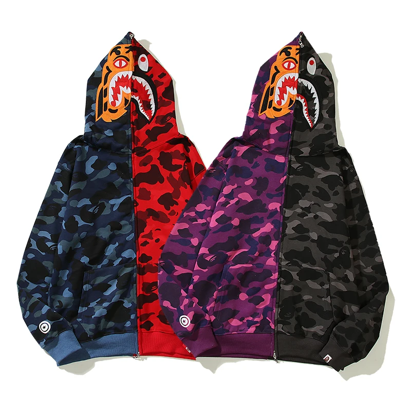 

2022New Year's Tide Brand Stitching Contrast Color Ape Head Man Sweater Camouflage Pattern Tiger Shark Long-sleeved Men's Hoodie