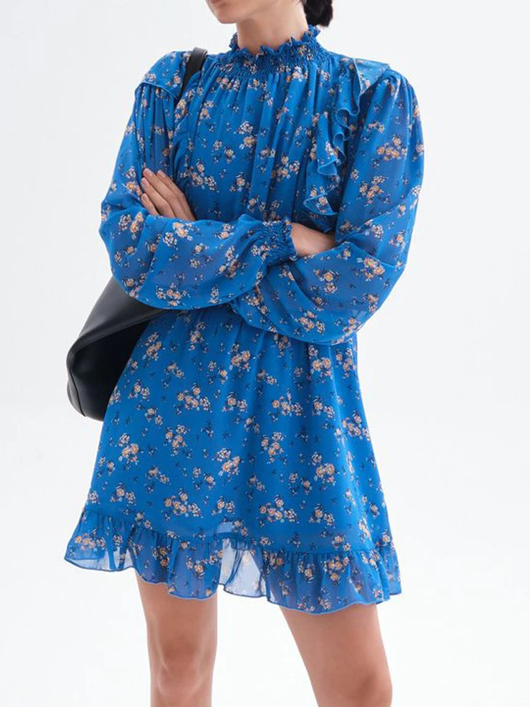 

2022 Autumn Floral Printing Mini Dress Long Sleeve Sweet Lace Dress for Women Ruffles Hem