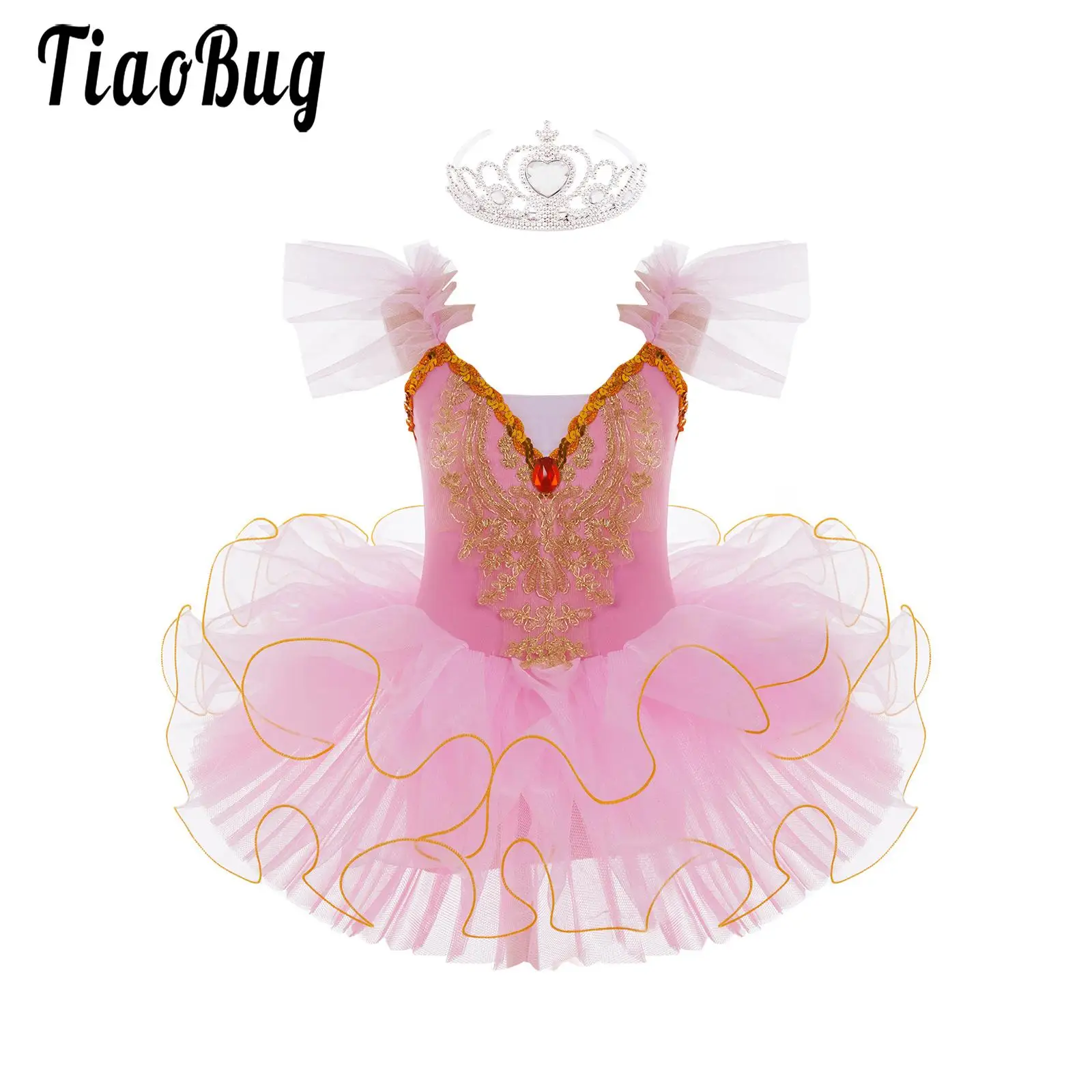 

Kids Girls Swan Lake Ballet Tutu Mesh Dress Ruffle Flying Sleeve Skirted Leotard Ballerina Dancewear Performance Party Costumes