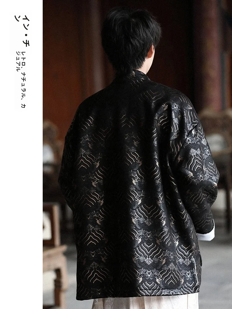 Men's Stand Collar Jacket Embroidered Silk Sea Pattern Couples Outerwear Autumn Winter Fashion Chinese Sle Long Sleeve Coat |