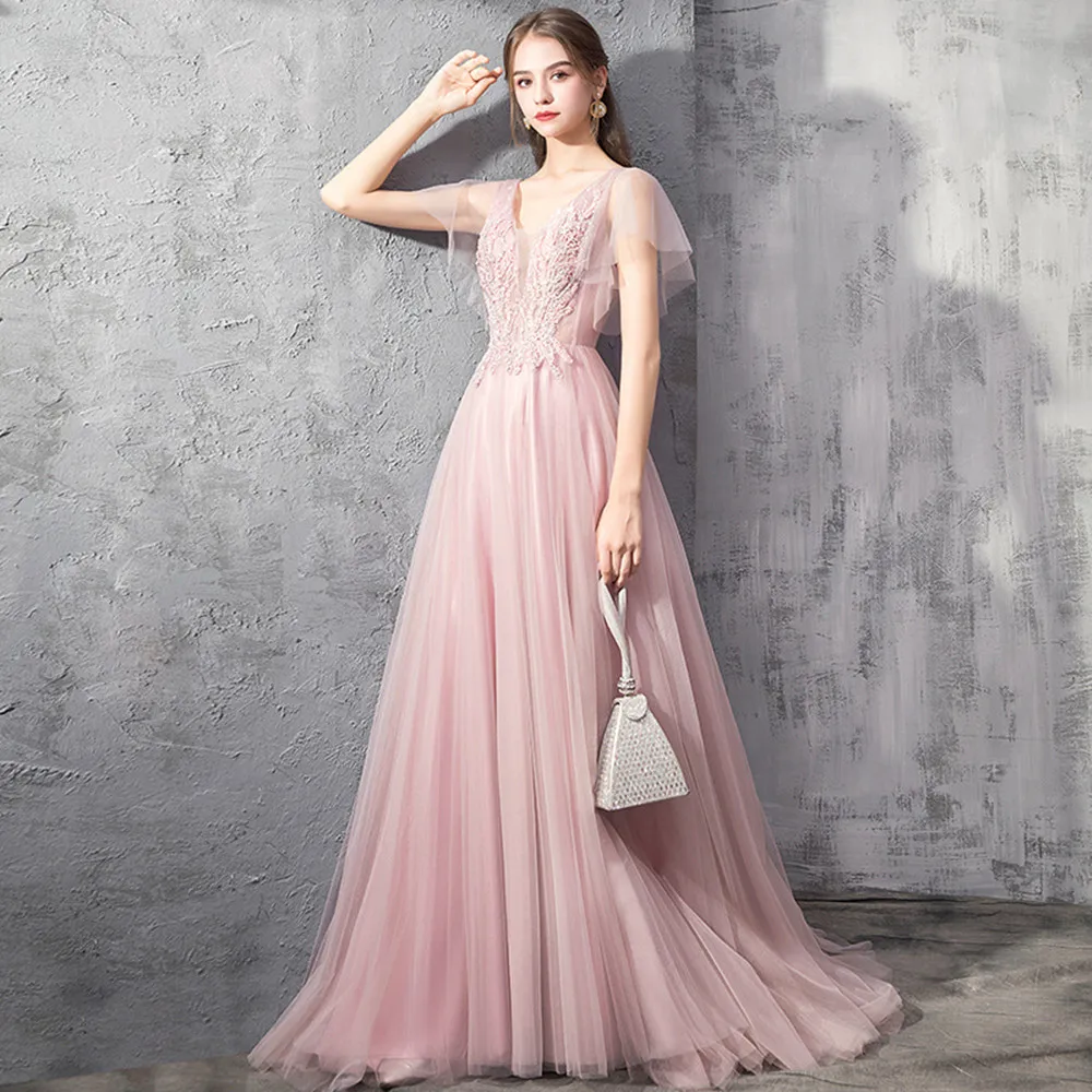 

Modern Deep V-Neck Evening Dress Flare Sleeve Lace Appliques Simple A-Line Prom Gown Tulle Backless Sweep Train Robe De Soirée