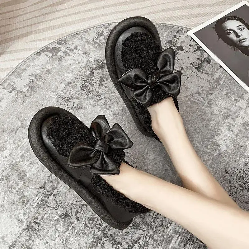 35-43 Plus Size New Winter Warm Fur Shoes Women Flats Beading Moccasins Outside Loafers Ladies Bowknot Peas Shoes