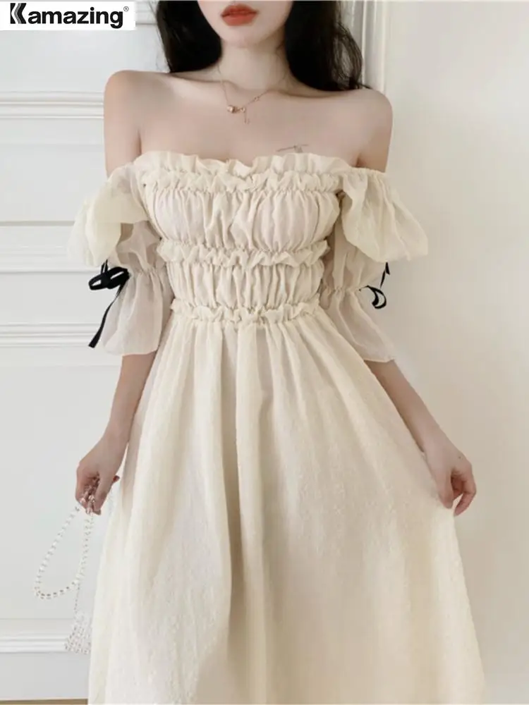 

2022 Summer New Women Fashion Elegant Puff-Sleeve Midi Dresses Evening Prom Vestdios Lady One Piece Clothes