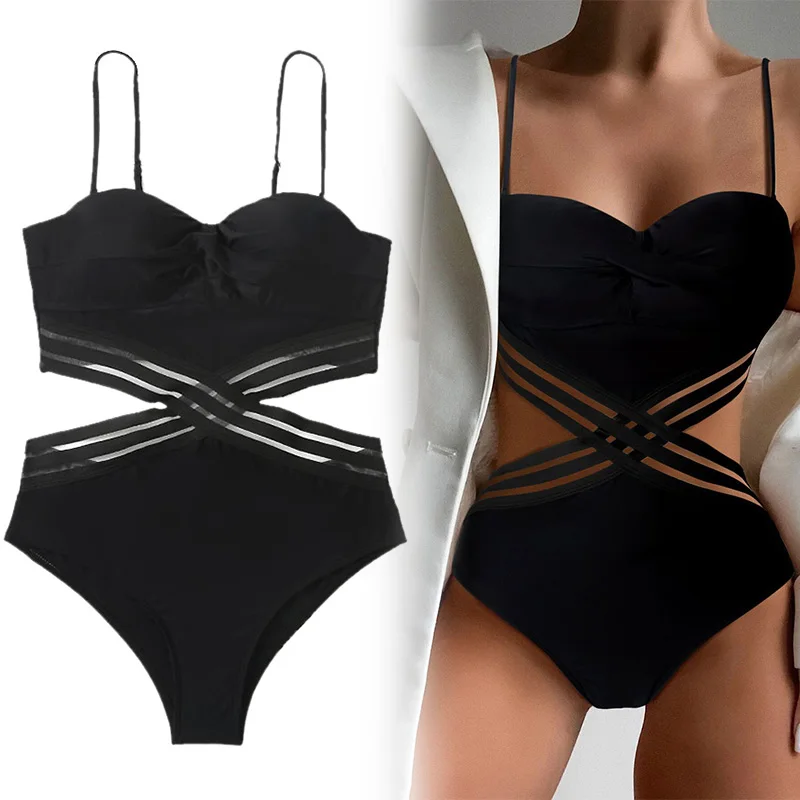

Сексуальный цельный женский купальник, Новинка лета 2023, Модный черный пляжный комплект бикини с сетчатыми вставками, однотонный Купальник C