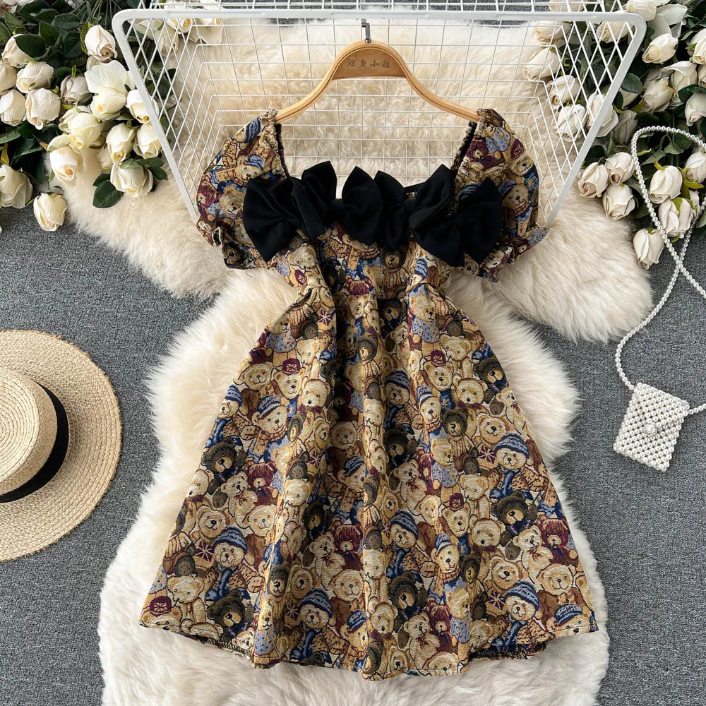 

Summer 2022 Vintage Bear Graceful Puff Sleeve Waist-Tight Slimming Thin Korean Style Prom Evening Vintage Dress