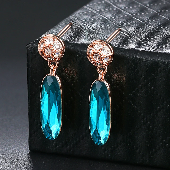 

Retro Drop Earrings For Women Classic Design Long Oval Blue Crystal Rose Gold Color Birthday Gift Wholesale Fashion Jewelry