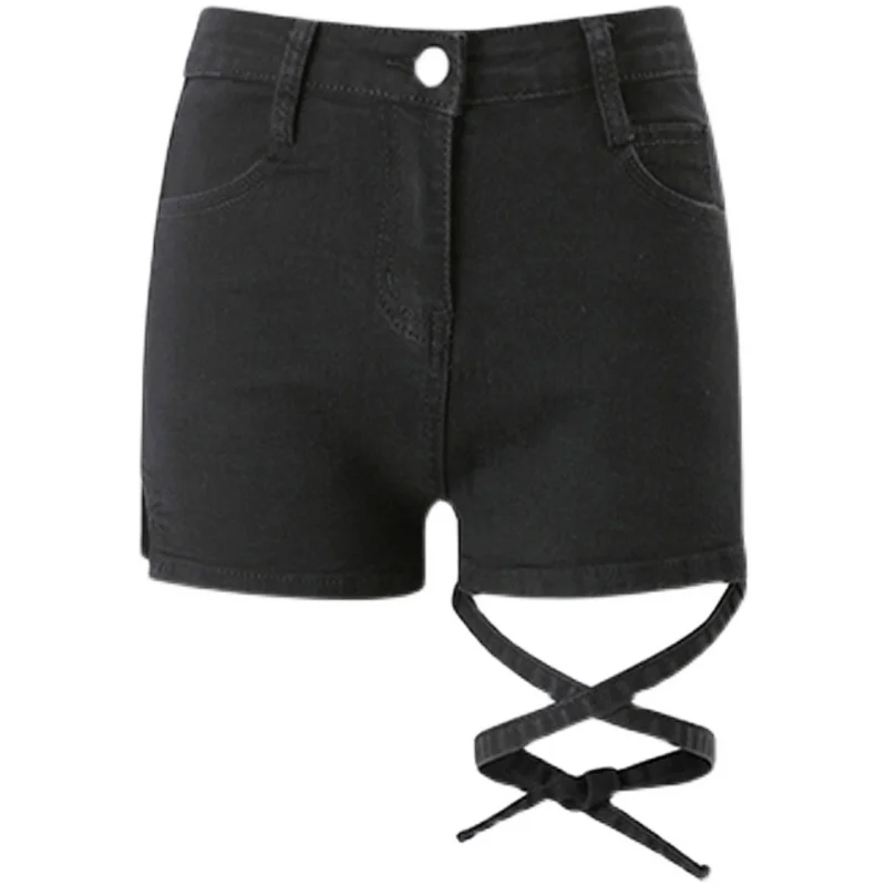 

2022 New Summer Women High Waist Black Tight Y2k Denim Shorts Casual Thigh Lace Up Streetwear Stright Jeans