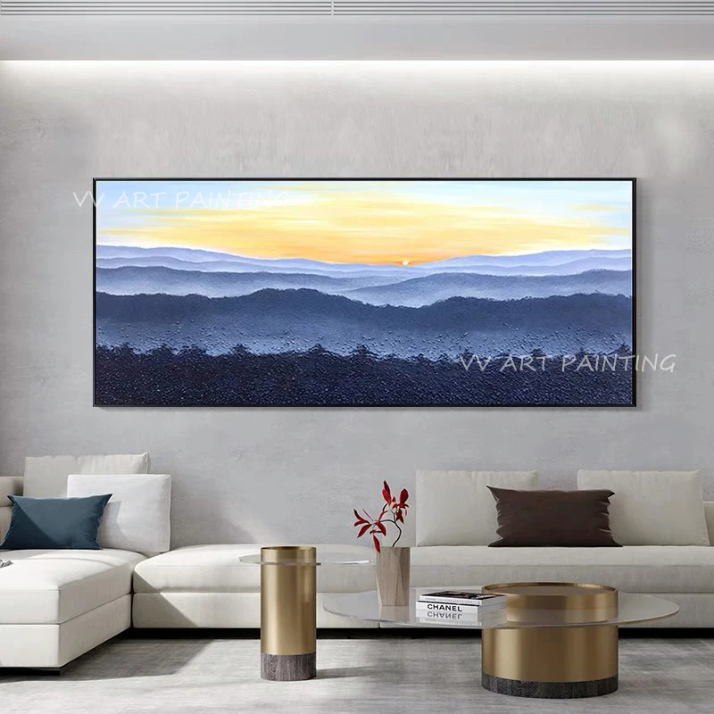 

Handmade Modern super large size navy blue landscape mountain with sunrise artwork oil painting porch aisle for living room art