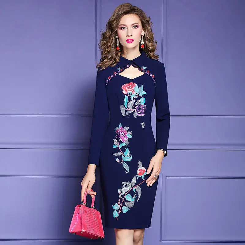 

Women Spring & Autumn Luxury Embroidery Floral Elegant Sexy Hollow Out Cocktail Party Robe Female Vintage Pencil Dress Vestidos