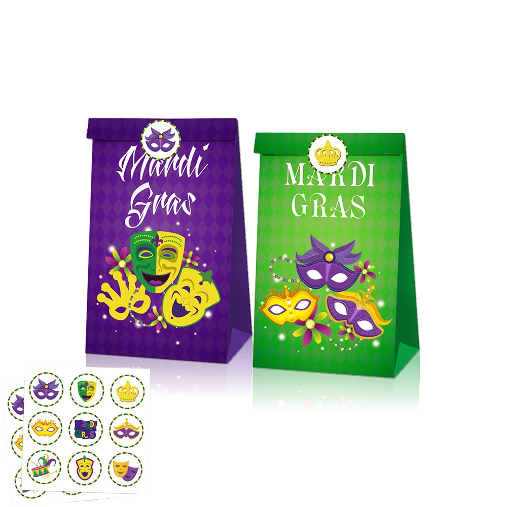 LB056 12Pcs American Mardi Gras Carnival Birthday Party Candy Kraft Paper Gift Bags with Stickers Parade Masks Party Packing Bag