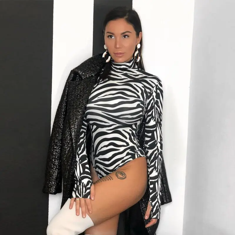 

Long Sleeve Bodysuit Tops Women 2021 Autumn Zebra Stripe Print Turtleneck Bodycon Bodysuit Stretch Vintage Leotard Tops Female